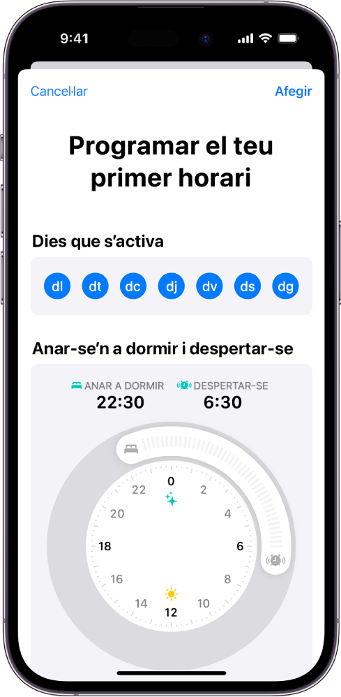 La pantalla de programació del primer horari a l’app Salut, amb una secció de dies que s’activa i un rellotge per anar‑se’n a dormir i despertar‑se.