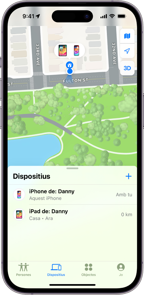 La pantalla de l’app Buscar mostra dos dispositius a casa.