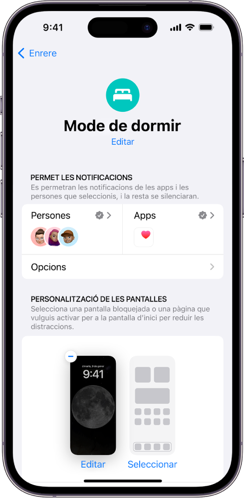 Pantalla “Mode de dormir” que mostra que tres persones i una app tenen permès enviar notificacions.