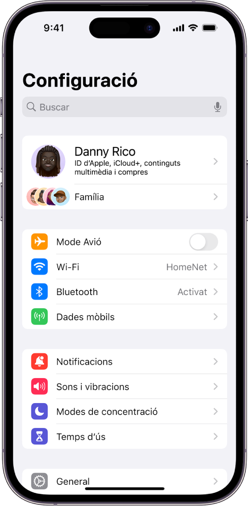 Pantalla de l’app Configuració amb el camp de cerca a la part superior i diverses opcions a sota, com ara “Wi-Fi”, “Notificacions” i “Sons i vibracions”.