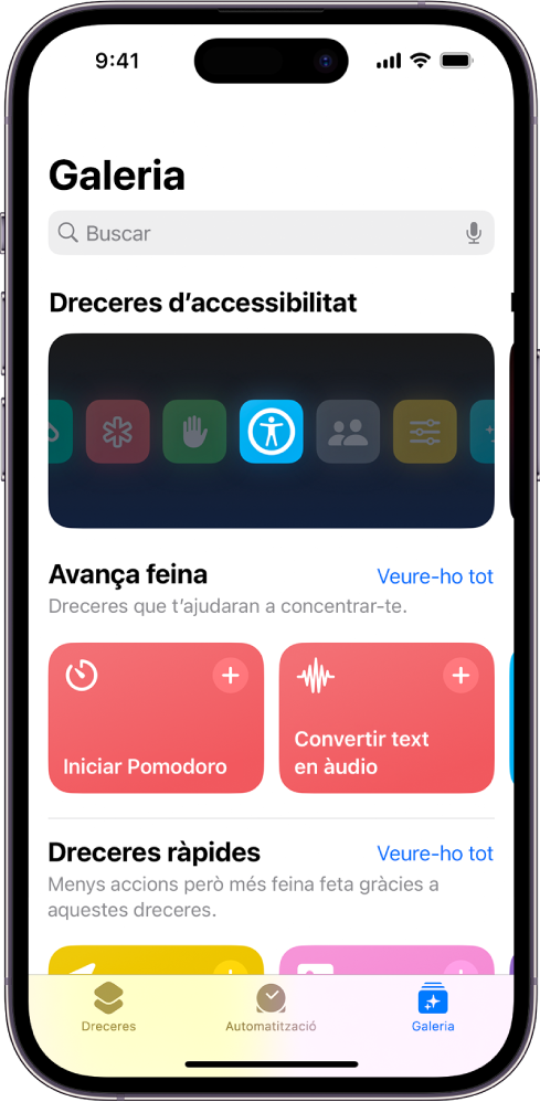 La pantalla de la galeria de l’app Dreceres amb un camp de cerca al capdamunt. A sota hi ha tres galeries: “Dreceres d’accessibilitat”, “Avança feina” i “Dreceres ràpides”. A la part inferior de la pantalla hi ha els botons “Dreceres”, “Automatització” i “Galeria”. El botó “Galeria” està seleccionat.