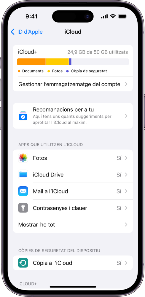 Pantalla de configuració de l’iCloud amb l’indicador d’emmagatzematge a l’iCloud i una llista d’apps i funcions, incloses l’app Fotos, l’app iCloud Drive i l’app Mail a l’iCloud, que es poden utilitzar amb l’iCloud.