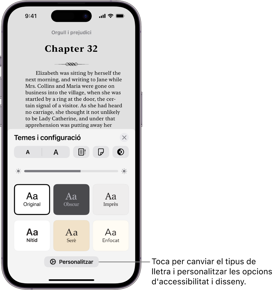 Pàgina d’un llibre a l’app Llibres. Les opcions de temes i configuració mostren els controls de mida de lletra, vista de desplaçament, estil en girar els fulls, brillantor i estils de lletra.