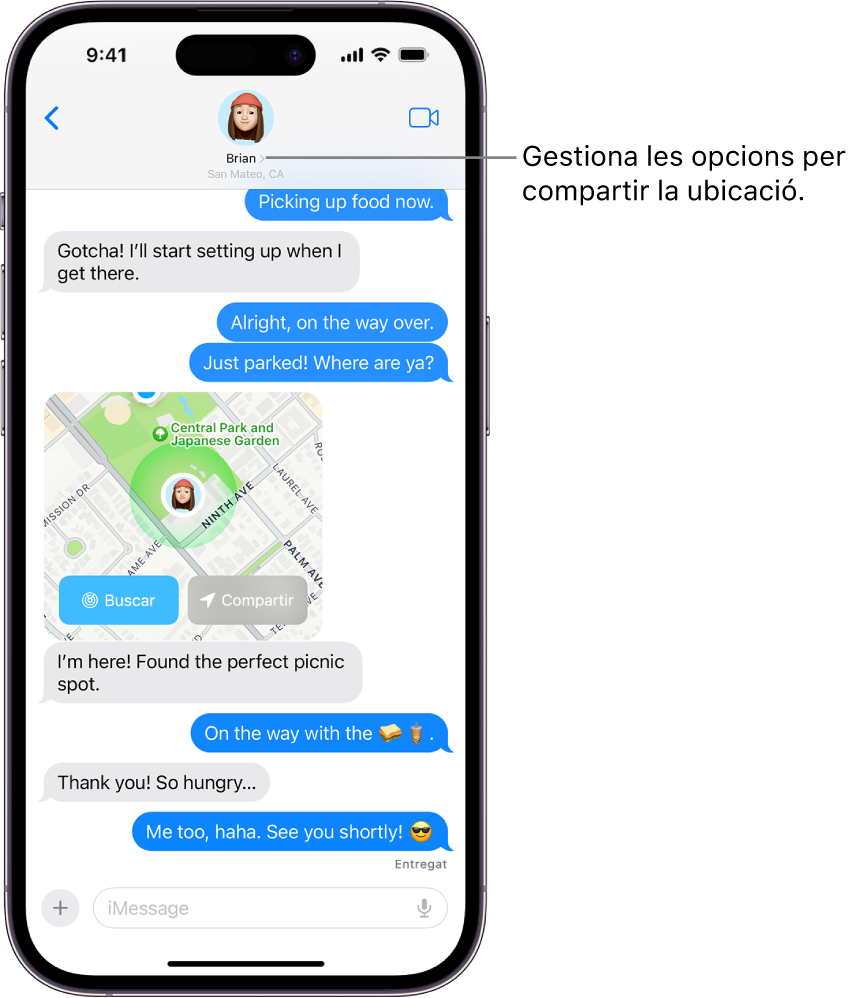 Una conversa de l’app Missatges amb una ubicació compartida.