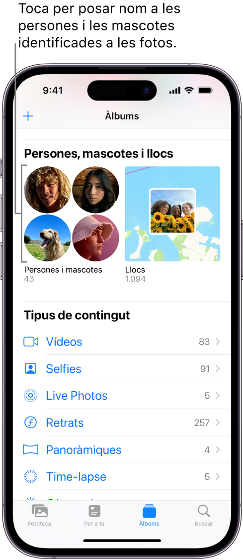La pantalla d’àlbums, a l’app Fotos. A la part superior de la pantalla hi diu “Persones i mascotes”.
