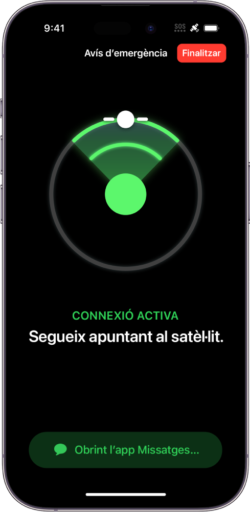 La pantalla d’avís d’emergència SOS, que mostra que el telèfon està connectat i ensenya l’usuari com seguir apuntant al satèl·lit. A la part inferior de la pantalla hi ha el botó “Obrint l’app Missatges”.