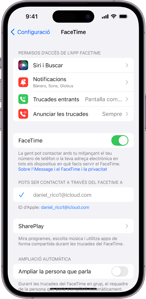 La pantalla de configuració del FaceTime mostra un botó per activar o desactivar el FaceTime i el camp en el qual introdueixes el teu ID d’Apple.