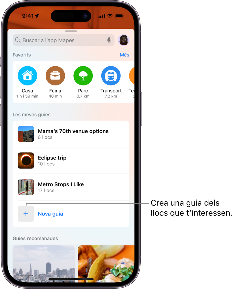 Una targeta de cerca a l’app Mapes amb unes quantes guies personalitzades enumerades a “Les meves guies” i el botó “Nova guia” a la part inferior.