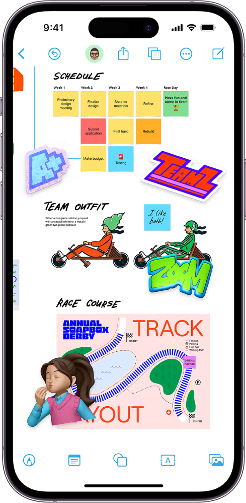 Un iPhone amb l’app Freeform oberta. La pissarra inclou escriptura a mà, text, dibuixos, formes, fotos, vídeos, notes adhesives, enllaços i altres arxius.