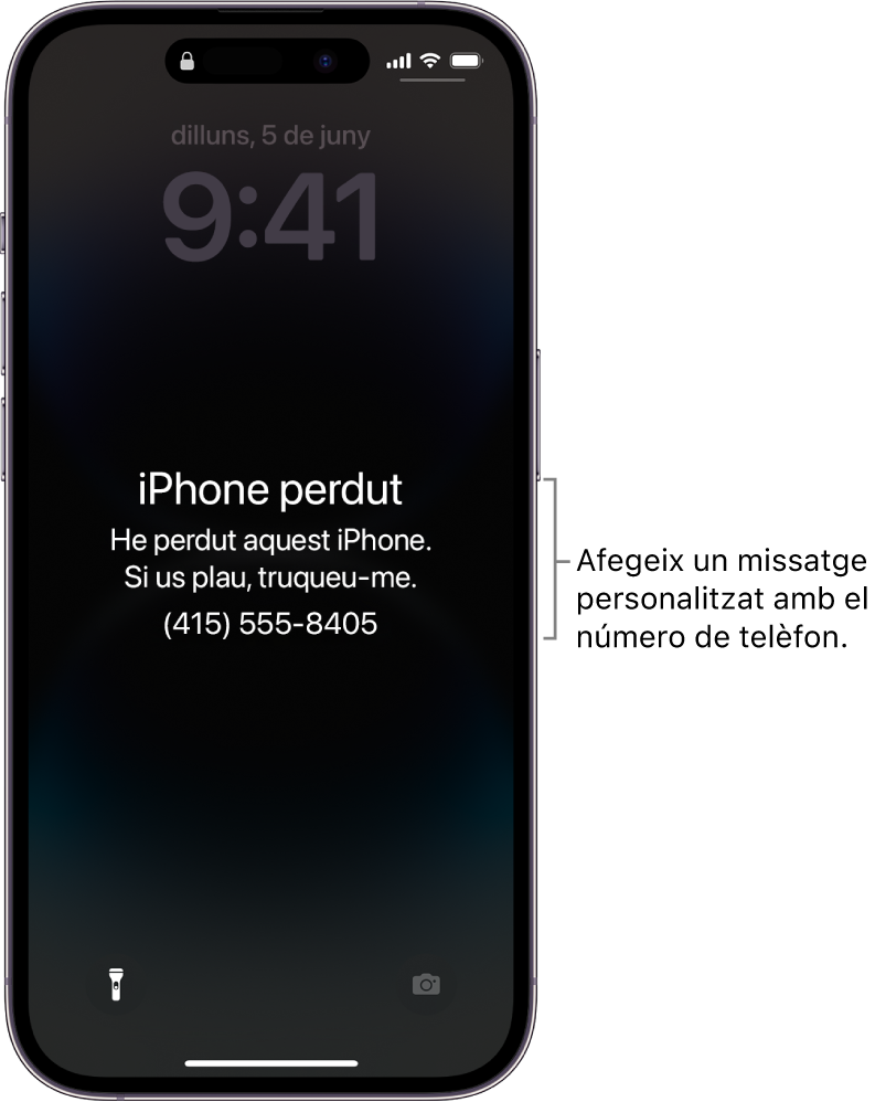 Pantalla bloquejada d’un iPhone amb un missatge d’iPhone perdut. Pots afegir un missatge personalitzat amb el número de telèfon.