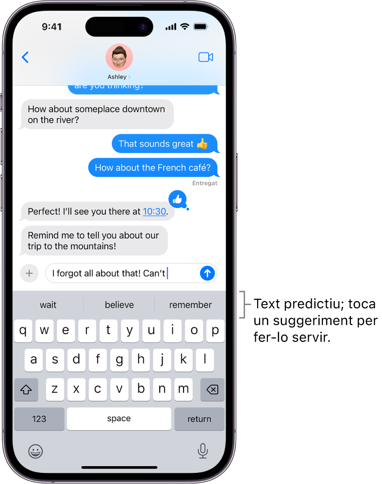 A l’app Missatges hi ha el teclat obert. En introduir text al camp de text, apareixen suggeriments de text predictiu per a la propera paraula a dalt del teclat.