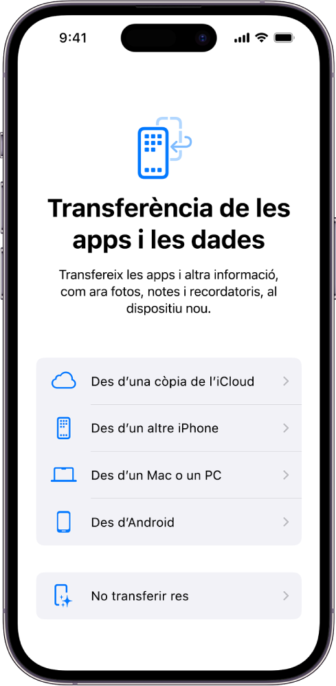 La pantalla de configuració mostra opcions per transferir les apps i les dades des d’una còpia de seguretat de l’iCloud, des d’un altre iPhone, des d’un Mac o un PC o des d’un dispositiu Android. També hi ha l’opció de no transferir res.