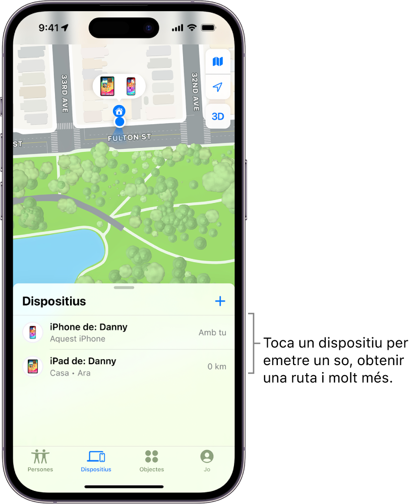 Pantalla de l’app Buscar oberta per la llista de dispositius. A la llista de dispositius hi ha dos dispositius: l’iPhone de l’Adrià i l’iPad de l’Adrià. Es mostren les seves ubicacions en un mapa.