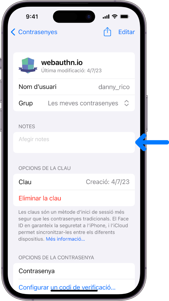La pantalla d’una clau al clauer de l’iCloud, que mostra informació sobre la clau i un espai per afegir i veure notes.