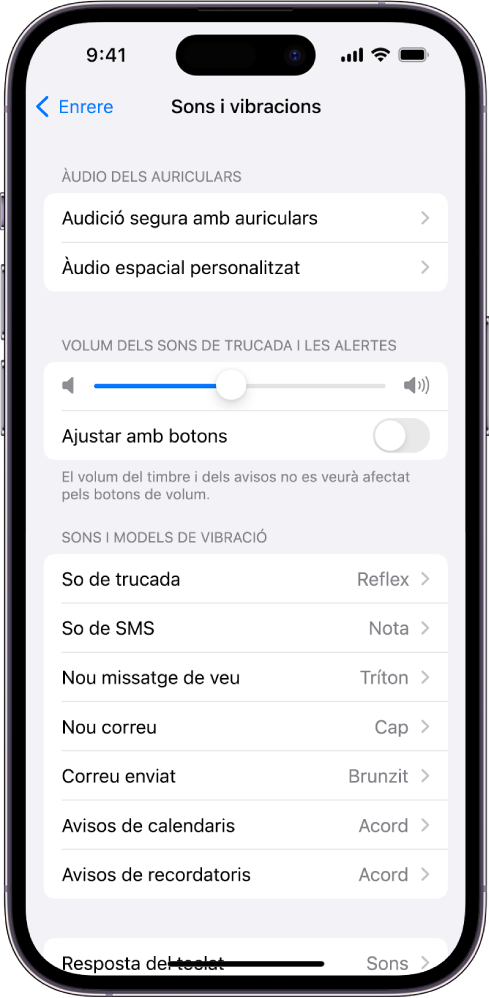 Pantalla “Sons i vibracions” a l’app Configuració. Les opcions que mostra la pantalla de dalt a baix són “Àudio dels auriculars” i “Audició segura amb auriculars”; “Volum dels sons de trucada i les alertes” amb un regulador per ajustar el volum i l’opció per canviar el volum amb botons; i “Sons i models de vibració”, inclosos “So de trucada” i “So de SMS”.