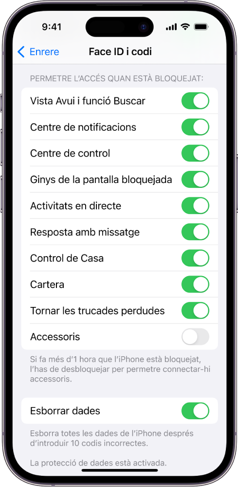 La pantalla “Face ID i codi”, amb la configuració per permetre l’accés a funcions concretes quan l’iPhone està bloquejat.
