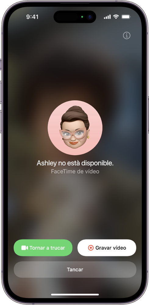 Pantalla del FaceTime en què es veu que la persona a qui s’ha trucat no està disponible. A la part inferior de la pantalla hi ha els botons per tornar a trucar i gravar un vídeo.