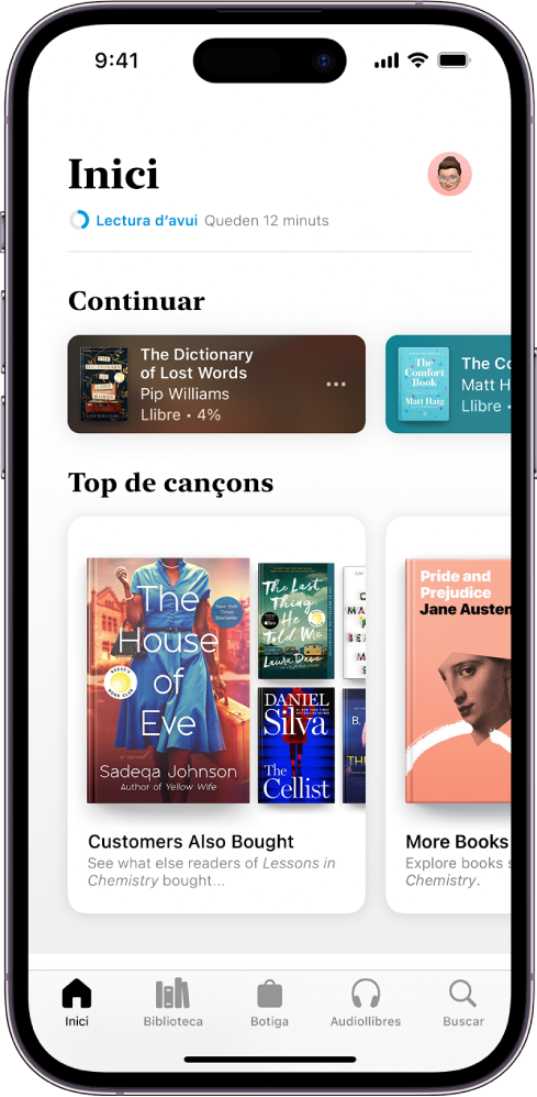 La pantalla d’inici de l’app Llibres. A la part inferior de la pantalla hi ha, d’esquerra a dreta, les pestanyes “Inici”, “Biblioteca”, “Botiga”, “Audiollibres” i “Buscar”. La pestanya “Inici” està seleccionada.