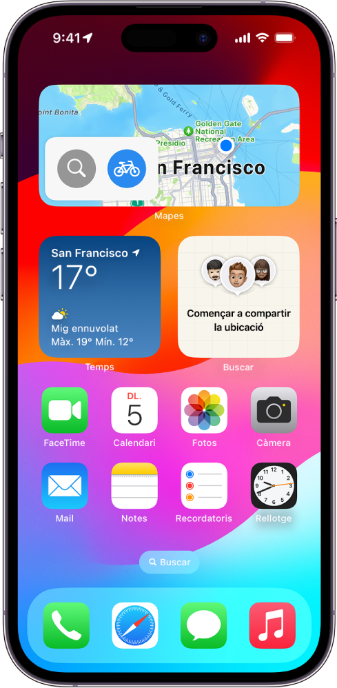 El giny de l’app Mapes, altres ginys i les icones d’apps a una pantalla d’inici de l’iPhone.