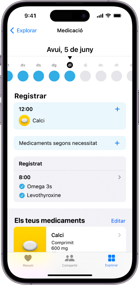 Pantalla de medicaments de l’app Salut, en què es mostra la data i el registre dels medicaments.