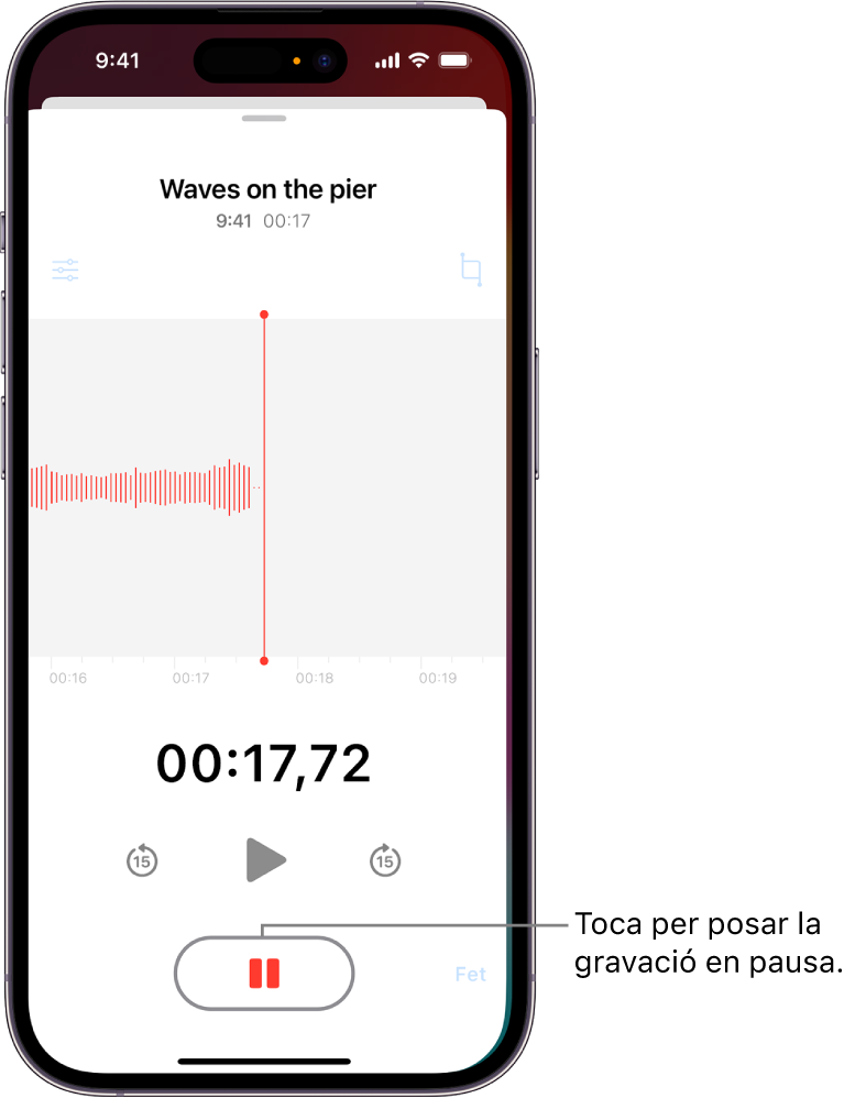Mentre es grava una nota de veu, es mostra una forma d’ona de la gravació en curs, un indicador de temps i un botó per aturar la gravació.
