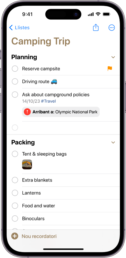 Una llista de comprovació per a una acampada a l’app Recordatoris. Alguns ítems tenen etiquetes, ubicacions, senyals i fotos. Hi ha el botó “Nou recordatori” a la part inferior esquerra.
