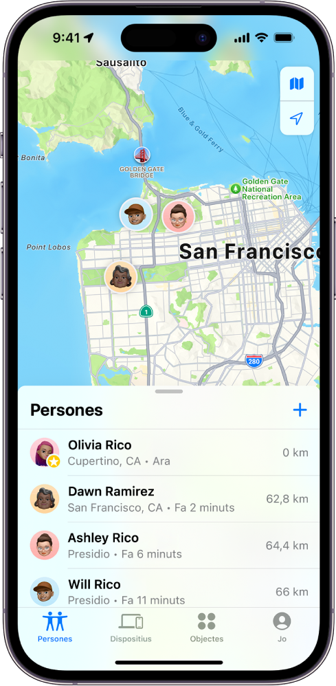 La pantalla de l’app Buscar mostra la llista “Persones” i les seves ubicacions en un mapa.