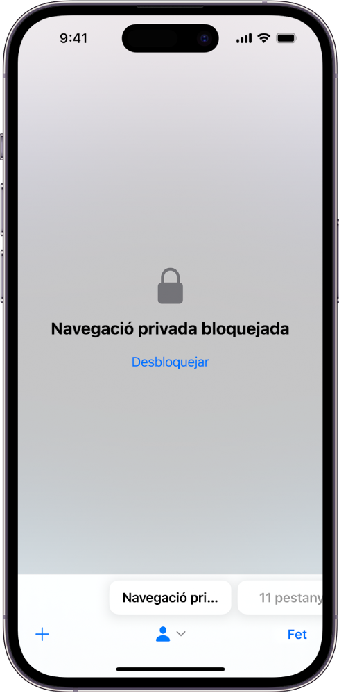 Al Safari s’ha obert la navegació privada. Al mig de la pantalla hi ha les paraules “Navegació privada bloquejada”. A sota, hi ha el botó “Desbloquejar”.