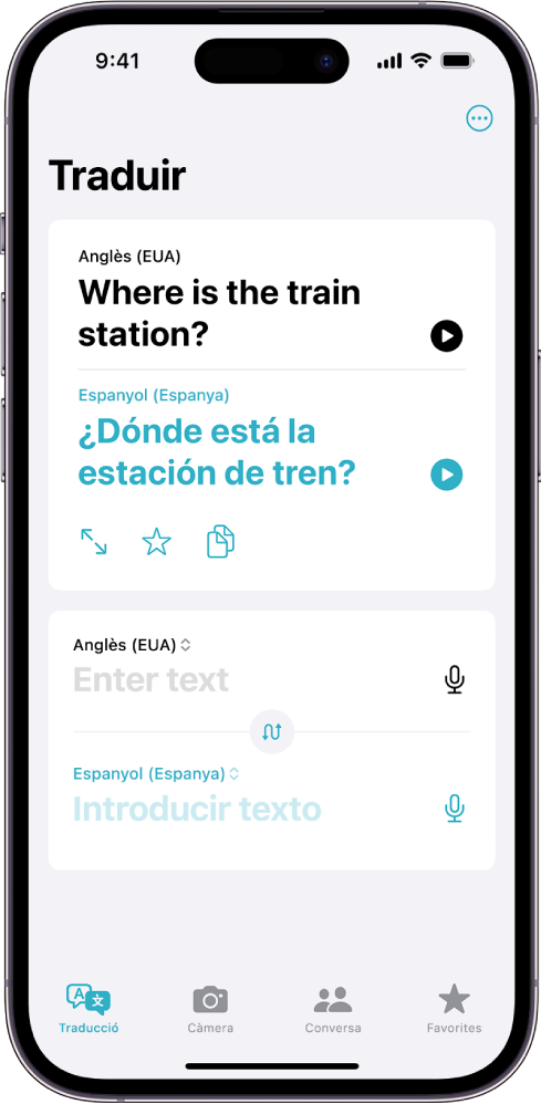 A la pestanya “Traducció” es mostra una frase traduïda de l’anglès a l’espanyol. A sota de la frase traduïda hi ha el camp on s’introdueix el text.