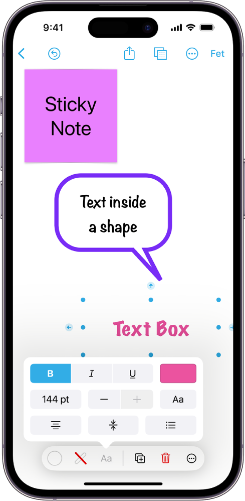Una pissarra de l’app Freeform mostra un quadre de text seleccionat i, a sota, les eines de format de text.