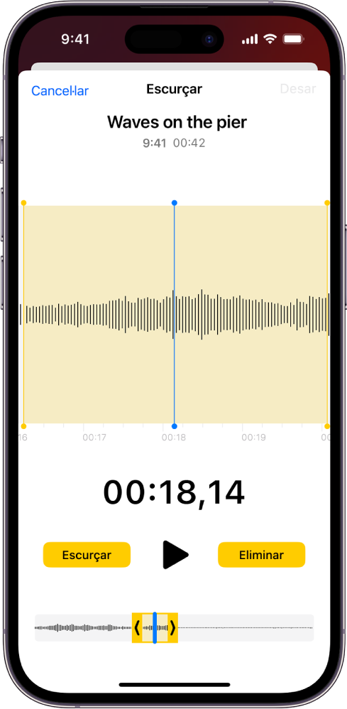 Una gravació que s’està editant, amb els marcadors de retallada grocs que emmarquen una part de la forma d’ona de l’àudio a la part inferior de la pantalla. A sota de la forma d’ona hi ha el botó de reproducció i un temporitzador de la gravació. Els marcadors de retallada es troben a sota del botó “Reproduir”. A cada costat del botó de reproducció hi ha el botó “Escurçar” (per eliminar la part de la gravació que queda fora dels marcadors) i el botó “Eliminar” (per eliminar la part de la gravació que queda dins dels marcadors).