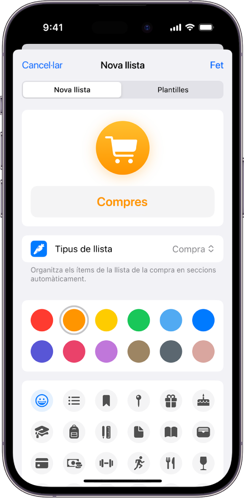 Pantalla per crear una nova llista a l’app Recordatoris. Pots personalitzar el nom, el tipus de llista, el color i la icona.