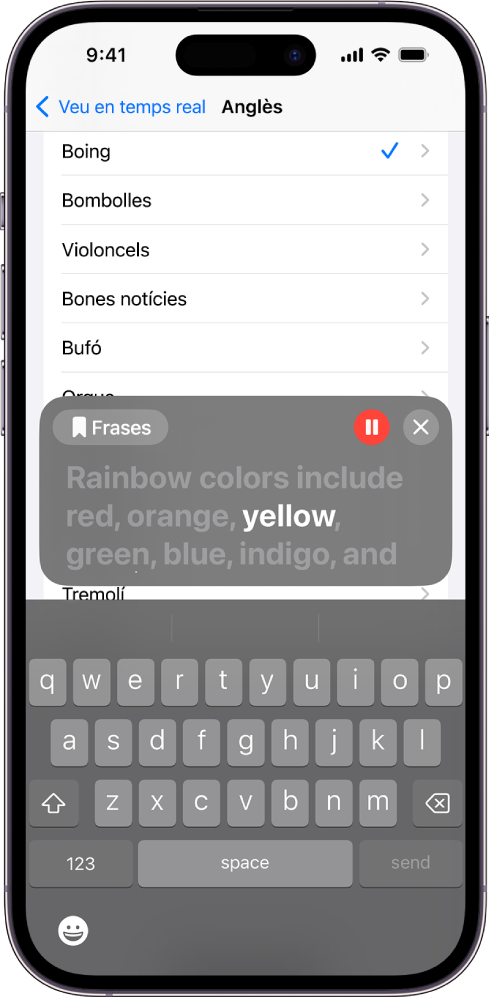 La funció de veu en temps real de l’iPhone llegeix en veu alta qualsevol text que s’introdueixi.