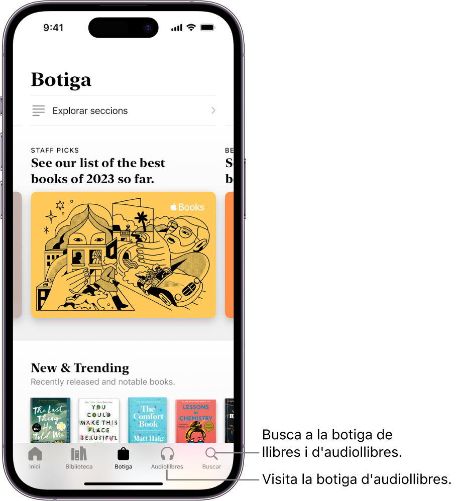 Pantalla de la botiga de l’app Llibres. A la part inferior de la pantalla hi ha, d’esquerra a dreta, les pestanyes “Inici”, “Biblioteca”, “Botiga”, “Audiollibres” i “Buscar”. La pestanya “Botiga” està seleccionada.