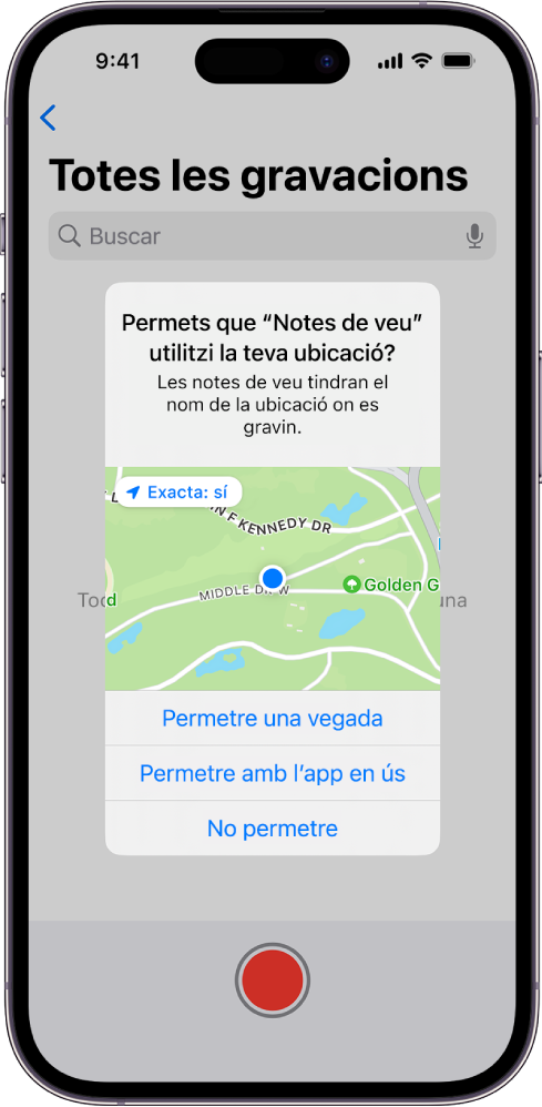 La sol·licitud d’una app per utilitzar les dades de la ubicació a l’iPhone. Les opcions són: “Permetre una vegada”, “Permetre amb l’app en ús” i “No permetre”.
