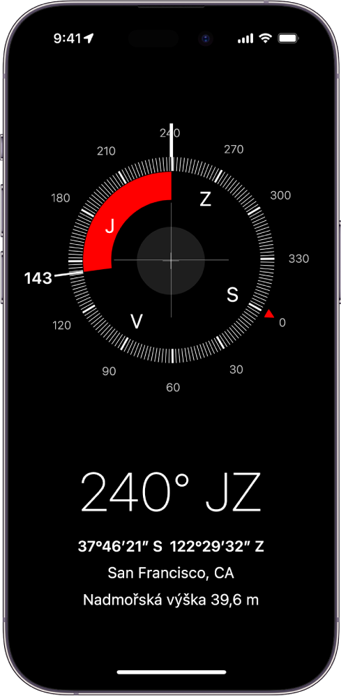 Obrazovka aplikace Kompas ukazující směr, kterým je iPhone namířený, aktuální polohu a nadmořskou výšku