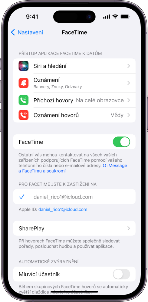 Obrazovka nastavení FaceTimu s přepínačem, kterým lze FaceTime zapnout nebo vypnout, a s polem, do kterého zadáváte své Apple ID pro FaceTime
