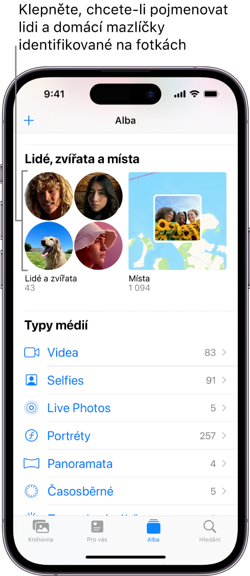 Obrazovka Alba v aplikaci Fotky. U horního okraje obrazovky je vidět text Lidé a zvířata.