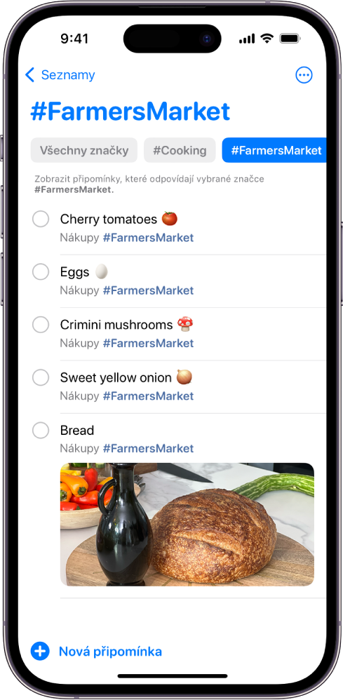 Seznam položek se značkou FarmersMarket (Farmářské trhy). Na tlačítkách podél horního okraje se zobrazují další značky, které lze použít.