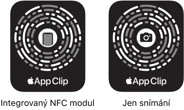 Vlevo kód klipu aplikace s integrovaným NFC tagem, který je uprostřed označený ikonou iPhonu. Vpravo kód klipu aplikace určený jen k optickému snímání, který je uprostřed označený ikonou fotoaparátu.