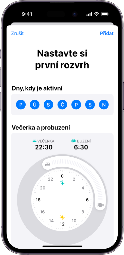 Obrazovka „Nastavte si první rozvrh“ v aplikaci Zdraví s oddílem „Dny, kdy je aktivní“ a časy večerky a ranního buzení.