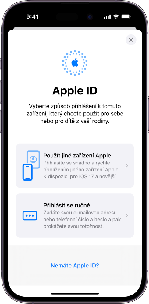 Obrazovka přihlášení k Apple ID, na které se zobrazují volby pro přihlášení s použitím jiného zařízení Apple, ruční přihlášení a přihlášení uživatele bez Apple ID