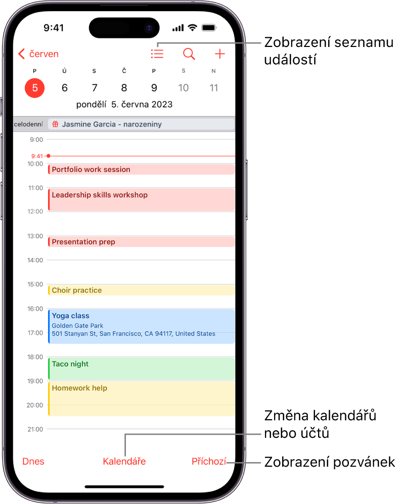 Kalendář v zobrazení Den s denními událostmi. Uprostřed dolního okraje obrazovky se nachází tlačítko Kalendáře a vpravo dole tlačítko Příchozí.