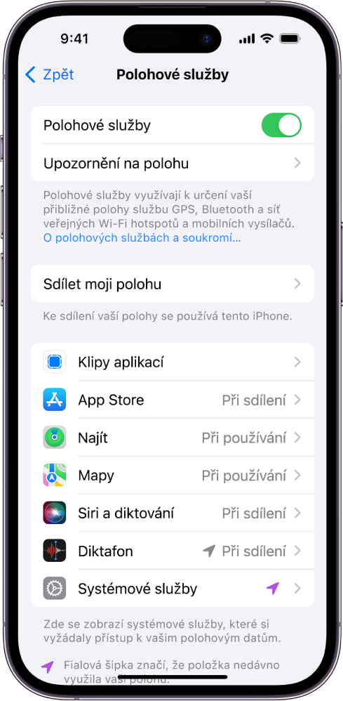 Obrazovka Polohové služby s nastaveními pro sdílení polohy iPhonu včetně vlastních nastavení pro jednotlivé aplikace.
