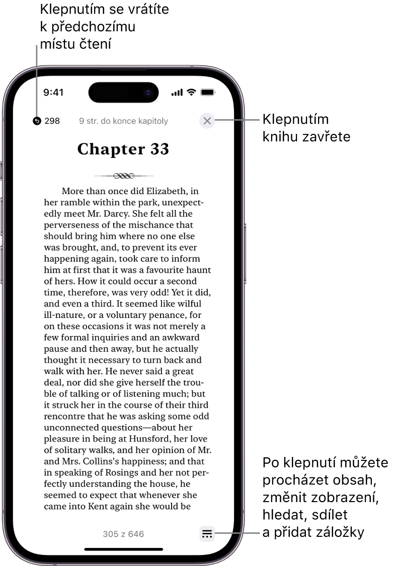 Stránka knihy v aplikaci Knihy. U horního okraje displeje se nacházejí tlačítka pro návrat na stránku, kde jste začali číst, a pro zavření knihy. Vpravo dole je vidět tlačítko nabídky.