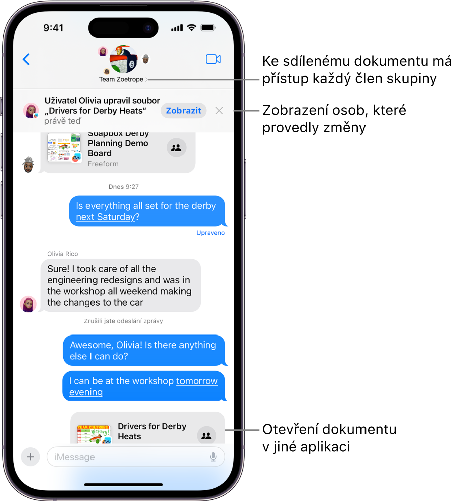 Skupinová konverzace v aplikaci Zprávy, která obsahuje pozvánku ke spolupráci a aktuální informace u horního okraje okna konverzace
