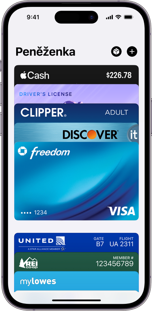 Obrazovka aplikace Peněženka s několika platebními kartami a lístky