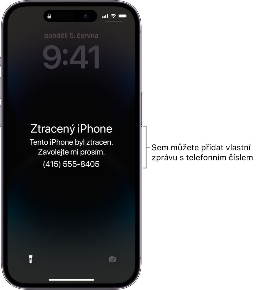 Uzamčená obrazovka iPhonu se zprávou o jeho ztrátě. Podle potřeby si můžete nastavit vlastní zprávu s telefonním číslem.