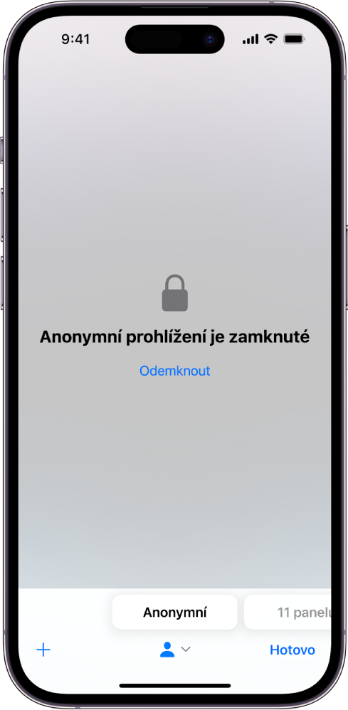 Aplikace Safari je otevřena v režimu anonymního prohlížení. Uprostřed obrazovky je oznámení „Anonymní prohlížení je zamknuté“. Pod ním je tlačítko Odemknout.