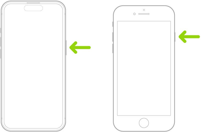 Zelená šipka ukazující na tlačítko na pravé straně iPhonu.